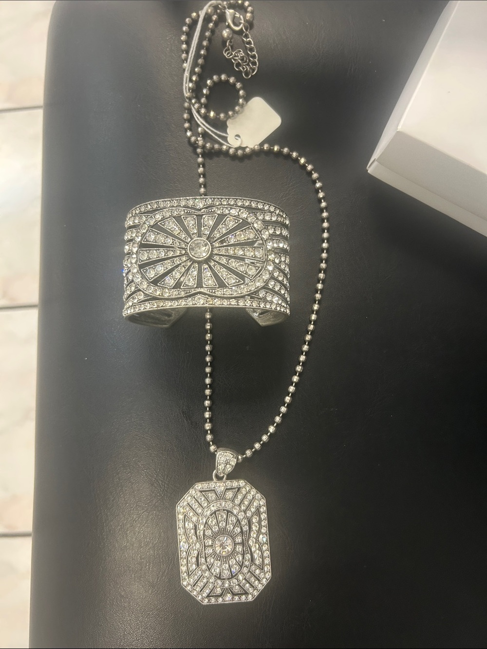 Paula Abdul Silver Crystal Pavé Cuff Bracelet and Pendant Necklace Set
